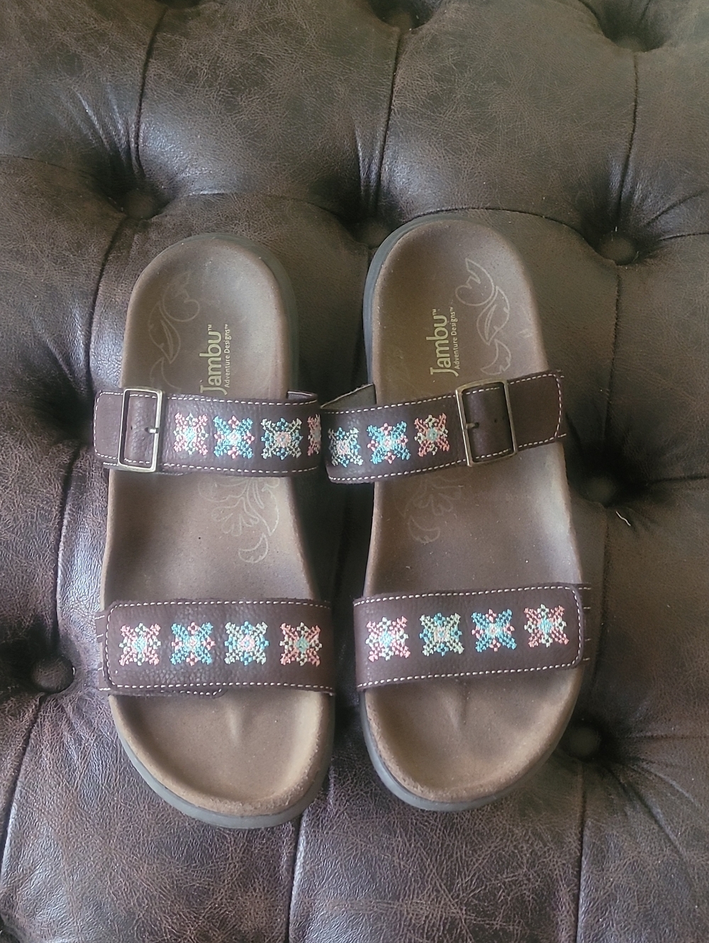 Jambu Brown Embroidered Double-Strap Slide Sandals Size 9